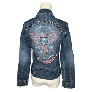 Y2K Harley Davidson Studded Eagle Pheonix Denim Jacket Back Hit Moto Biker